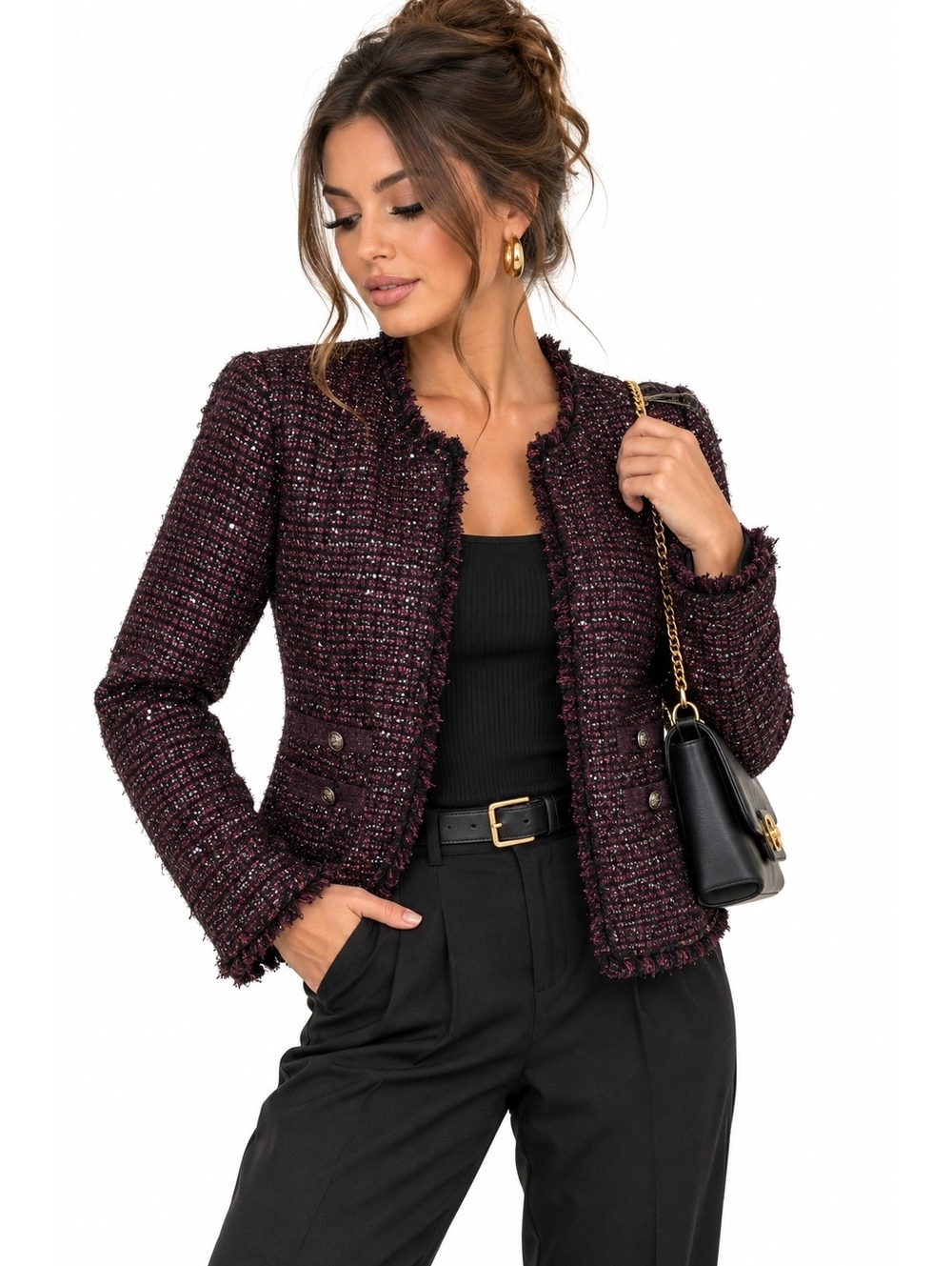 White House Black Market Plum Sequin Tweed Fringe Blazer Jacket Size 6